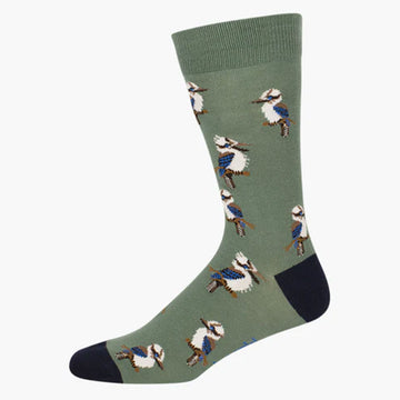 A khaki green sock with a dark blue heel and toe and illustrations of kookaburras.