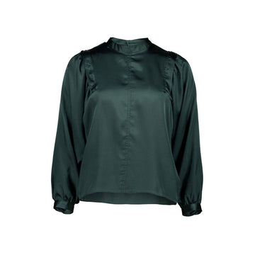 Front view of a women's blouse in teal made from shiny viscose.