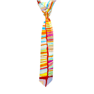 A tie is hanging and printed with artwork by Judy Watson in different bright colours.