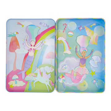 A tin box titled 'Magnetic Playtime Endless Fun' with an illustration of mermaids, unicorns, rainbows and sundaes.
