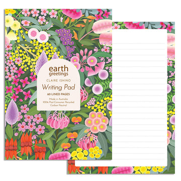Front and writing page of a writing pad featuring illustrations of colourful flowers on the front and a matching border on the lined writing pages.