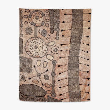 A silk scarf in shades of brown with artwork by Yalti Napangati.