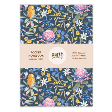 Front cover of a notebook illustrated with waratahs and wattle flowers in pink, blue and yellow with a product information label across the middle.