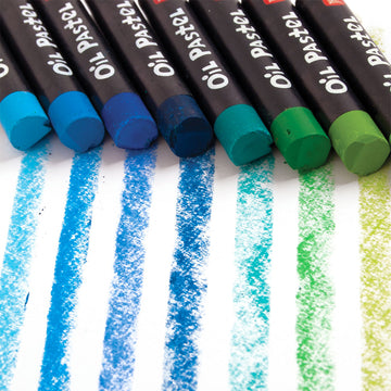 A packet of twelve oil pastels shown inside a box and outside in a tray.