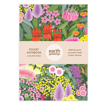 Front cover of a notebook illustrated with colourful flowers and a product information label through the middle.