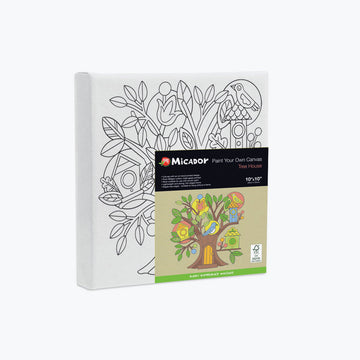 A square canvas with a line drawing of a treehouse with birds and bird houses in it. There is a coloured in version with product information over the canvas.