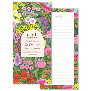 A to do list note pad illustrated with colourful flowers on the front and a matching border on the writing pages.