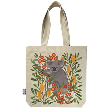 Front view of a cotton tote bag printed with an illustration of a koala in gum leaves on the front.