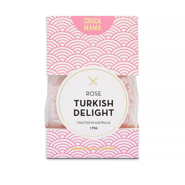 A pink and white patterned box with the heading 'Turkish Delight' in the middle and a window on the sides showing the Turkish delight inside.