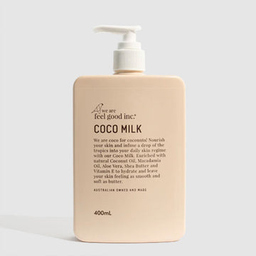 A large pump bottle with a beige outside and the heading 'We are feel good inc Coco Milk' with a product description.