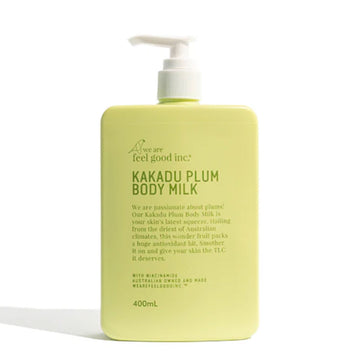 A large pump bottle in a green yellow colour with the heading 'Kakadu Plum Body Milk' and product information.