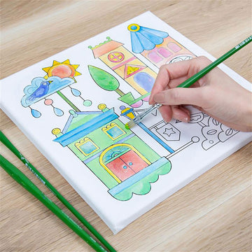 A canvas printed with a line drawing of houses. There is a coloured in version with product information over the canvas.