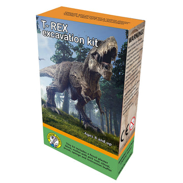 A box titled 'T Rex excavation kit' with a picture of a T Rex in a forrest.