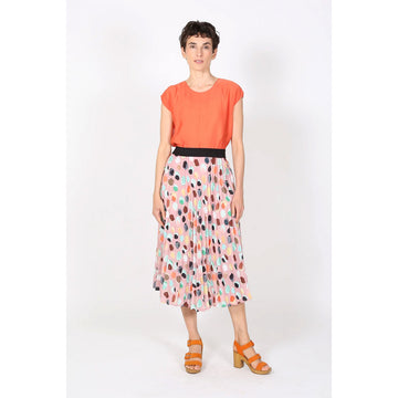 Colorful polka dot skirt on a white background.