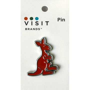 Kangaroo-shaped pin on a white card with 'Visit Brands' branding.