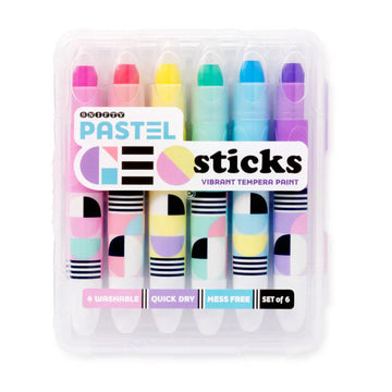 Set of six pastel-colored paint sticks in packaging with brand names and product information.