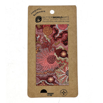 A magnetic bookmark printed with artwork by Damien and Yipli Marks attached to a brown card.