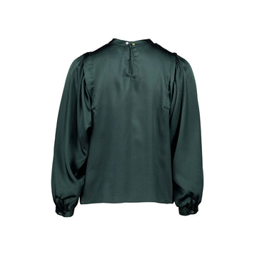 Front view of a women's blouse in teal made from shiny viscose.