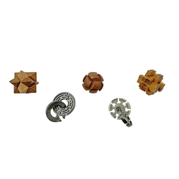 A set of five wooden and metal puzzles in a box.