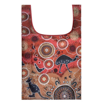 Reusable shopping bag with Aboriginal art design featuring kangaroos and circular patterns on a red background.