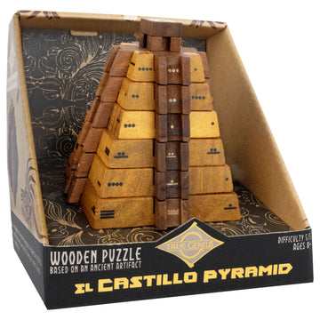 A wooden puzzle shaped like a pyramid inside an open box with the heading 'Castillo Pyramid'.