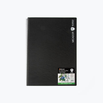 An A3 sized black visual diary with a spiral bound side.