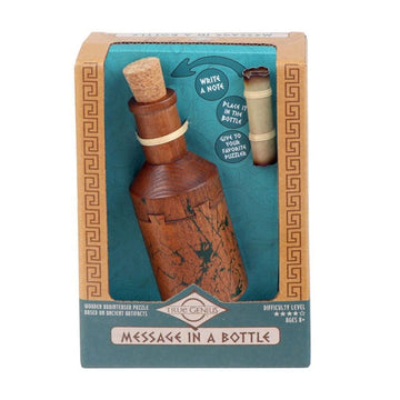 A wooden puzzle of a bottle and a message slot in a box with an opening on the front.
