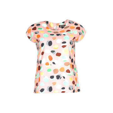 Short-sleeve top with colorful dot pattern on a white background.