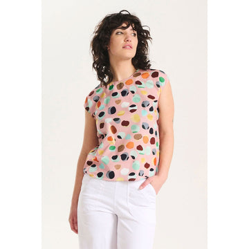 Short-sleeve top with colorful dot pattern on a white background.