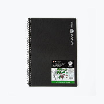 An A4 sized black visual diary with a spiral bound side.