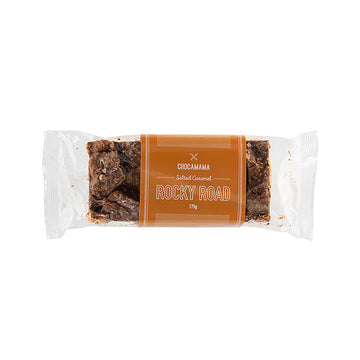 Rocky road inside clear packaging with a product label on the front titled 'Chocomama Rocky Road'.