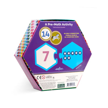 A hexagon box titled 'Numbers Puzzle Pairs' with illustrations of different animals around the box including a giraffe, tiger, fox and chicken.