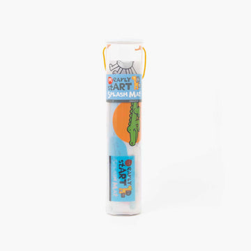 A rolled up mat inside a clear cylinder container with the heading 'Early Start Splash Mat'.