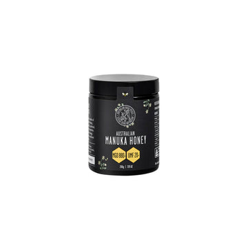 A black jar with a black label and the text 'Australian Manuka Honey MGO880+ UMF20+'.