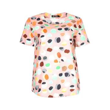 Colorful polka dot t-shirt on a white background.