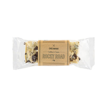 White chocolate rocky road inside clear packaging with a product label titled 'Chocomama Rocky Road'.