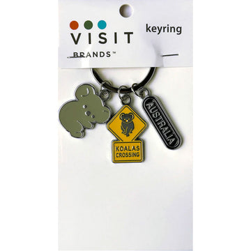 Keychain with koala and road sign design on a white background.