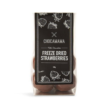 A clear bag filled with chocolate covered strawberries with a large black product label and the text 'Chocomama Freeze Dried Strawberries'.