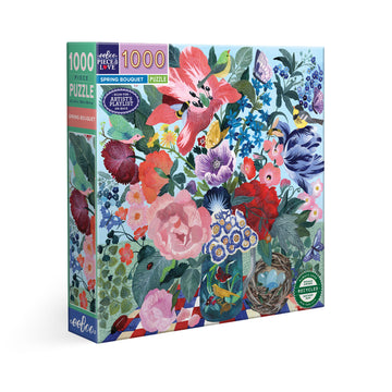 A puzzle box illustrated with a large bouquet of flowers.
