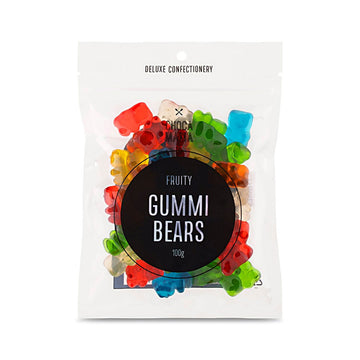 A small clear bag with the heading 'Gummi Bears' in the middle. The gummi bears can be seen inside the bag.