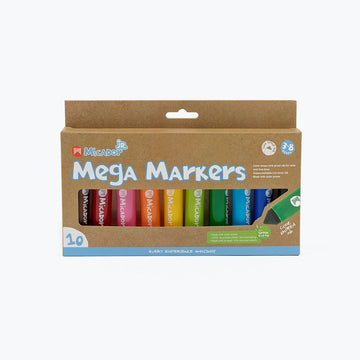 A pack of 10 coloured markers in a brown box with a cut out window showing the markers.