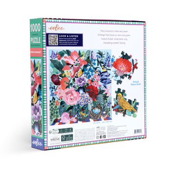 A puzzle box illustrated with a large bouquet of flowers.