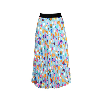 Colorful polka dot skirt on a white background.