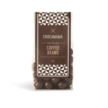 A clear bag filled with chocolate covered coffee beans with a large brown product label and the text 'Chocomama Freeze Coffee Beans'.