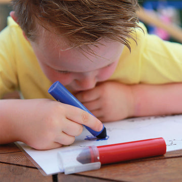 A pack of 10 coloured markers in a brown box with a cut out window showing the markers.