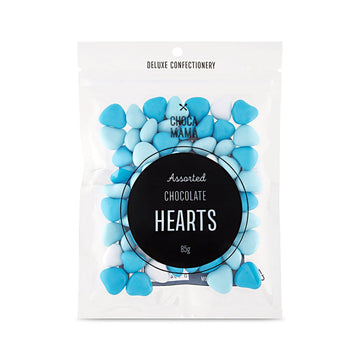 A small clear bag with the heading 'Assorted Chocolate Hearts' in the middle. The blue hearts can be seen inside the bag.