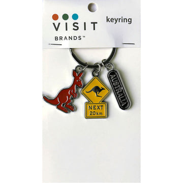Keychain with kangaroo, road sign, and Australia tag on a white background.