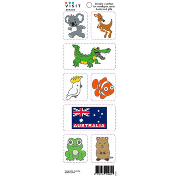 Set of stickers with Australian animals and a flag on a white background.
