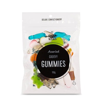 A small clear bag with the heading 'Assorted Groovy Gummies' in the middle. The lollies can be seen inside the bag.