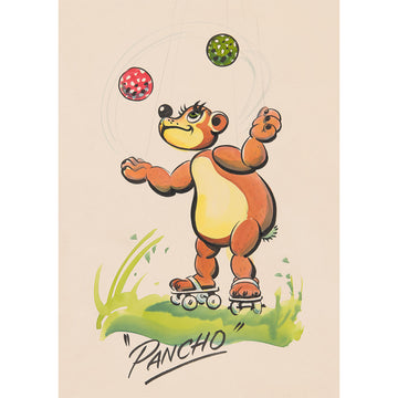 An A4 print with an illustration of a mouse juggling wearing roller skates with the heading 'Pancho'.